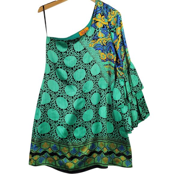 Voom by Joy Han Dresses & Skirts - Voom By Joy Han Dress Womens Large Green Silk One Shoulder Ruffle Sleeve Mini